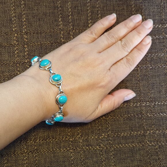 Vintage 925 Sterling Silver Genuine Black Vein Turquoise Cabochon Link Bracelet - Picture 6 of 13